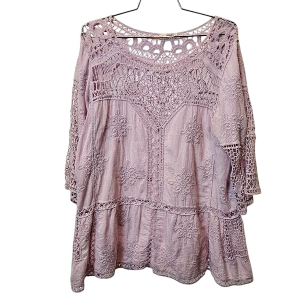 Womens top cotton Dusty pink tunic Small embroidery crochet ZB